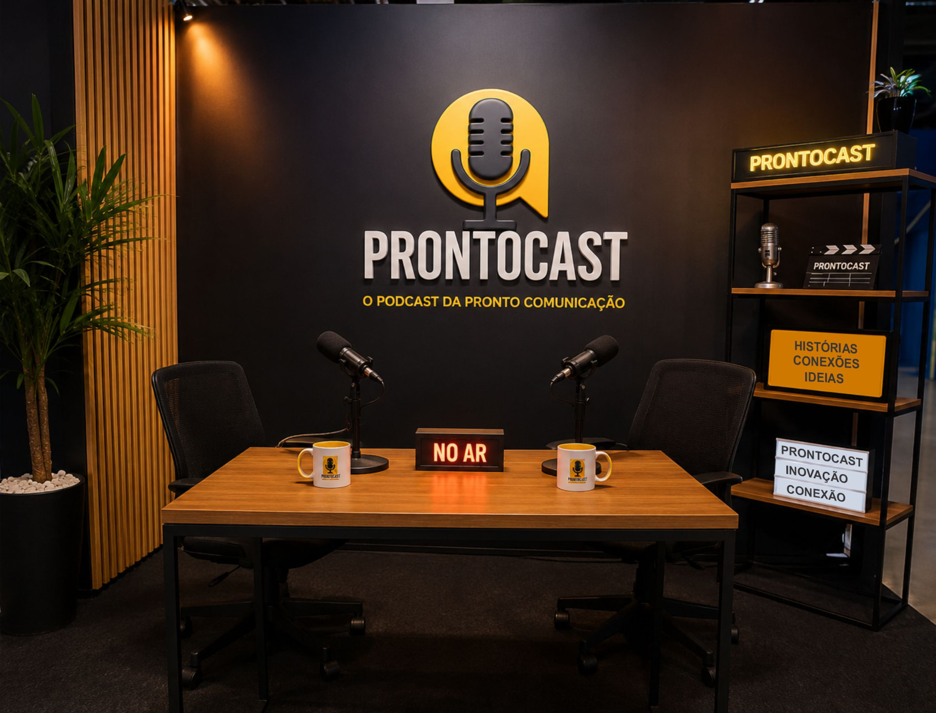 Estúdio do ProntoCast com mesa, microfones e logo na parede